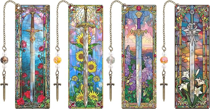 Fantasy Sword Bookmark Gifts - 4 Pcs Unique Stained Glass Bookmarks for Women Men Book Lovers Tassels Beaded Page Marks with Flower Reading Accessories Bookish Gift for Birthday Back to School