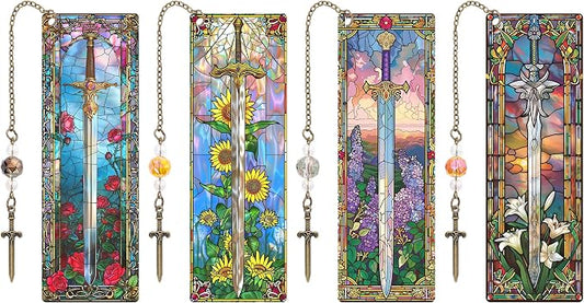 Fantasy Sword Bookmark Gifts - 4 Pcs Unique Stained Glass Bookmarks for Women Men Book Lovers Tassels Beaded Page Marks with Flower Reading Accessories Bookish Gift for Birthday Back to School