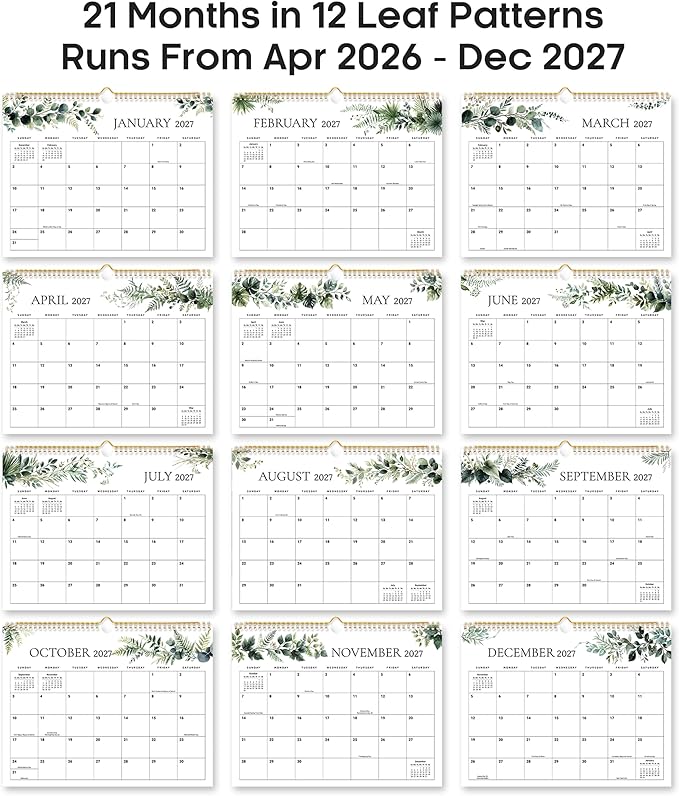 Calendar 2026-2027, Monthly Wall Calendar from April 2026 to December 2027, 11.5" x 14.7", Spiral Binding Hanging Wall Calendar, Perfect for Home or Office,Leaves