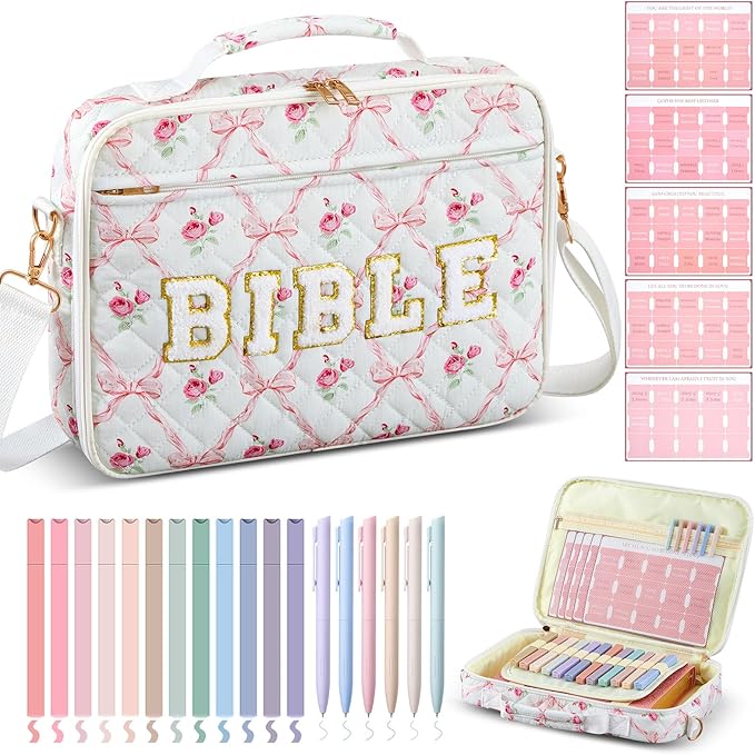 Sinload Quilted Bible Cover Case for Women 12 x 9 x 2.5 Inch Bible Chenille Letter Bag with Shoulder Strap Carrying Tabs 6 Colored Pens 12 Highlighters Christian Church Study Gifts(Pink,Bow Floral)