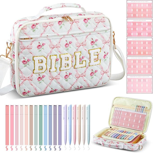 Sinload Quilted Bible Cover Case for Women 12 x 9 x 2.5 Inch Bible Chenille Letter Bag with Shoulder Strap Carrying Tabs 6 Colored Pens 12 Highlighters Christian Church Study Gifts(Pink,Bow Floral)