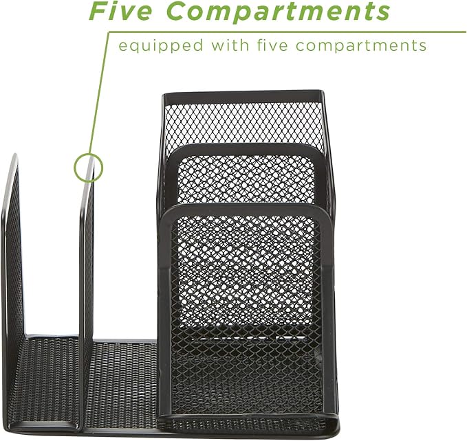 Mind Reader Desk Organizer 5-Compartment, 2-Piece Same Set Supplies and Accessories Storage For Office Desk (BLACK)