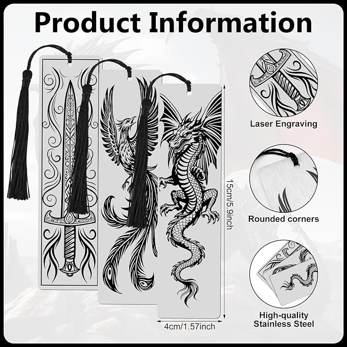 Resurhang Set of 3 Stainless Steel Bookmarks 5.9 x 1.6 Inches Featuring Dragon Phoenix and Sword Fantasy Metal Bookmark Book Accessories for Men Women Friends Book Lovers Birthday Graduation Gift