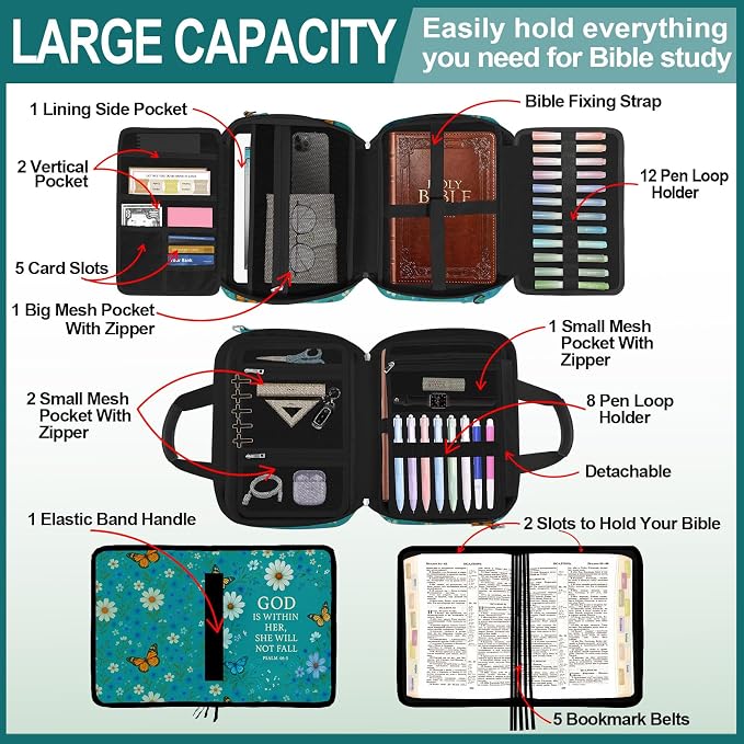 Daisy Bible Cover Case for Women, Vintage Floral Large Bible Bag Carrying Case, Bible Study Supplies Bible Journaling Kit Book Carrying Case with Bible Highlighters Tabs Pens Cross Clips