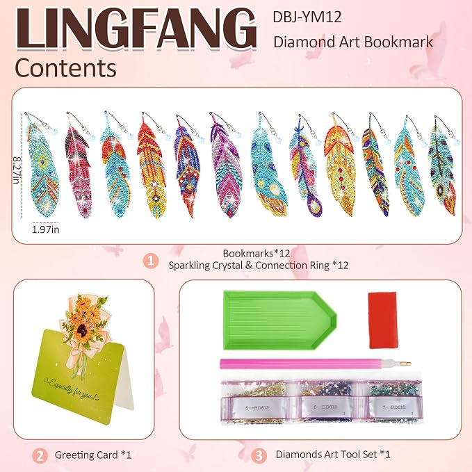 12 Pcs Diamond Painting Bookmark, Crystal DIY Book Makers for Book Lovers, Diamond Art Beginners, Small Diamond Art Kits with Pendant, Paint by Art Crafts Gift for Women Girls (Feather)