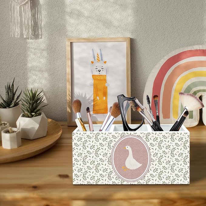 Cottagecore Botanical Goose Pen Holder for Desk, Goose Gifts for Women Pencil Organizer, Vintage Floral Animal Wooden Box Sign Desk Decor for Girl Nursery Home Office Decoration