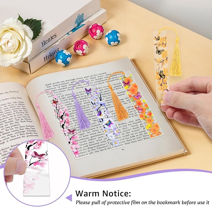 4pcs Pressed Flower Bookmarks, Transparent Acrylic Bookmark with Tassels, Butterfly Flower Theme Book Marks for Reading Women, Cute Book Marking Accessories Gift for Books Lovers(4 Colors)