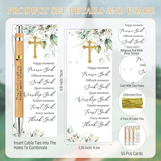 50 Sets Christian Religious Gifts Bulk Mothers Day Bible Verse Bamboo Pens and Christian Bookmarks Father's Day Inspirational Gifts for Teacher Church Bible Members VBS Women Coworker