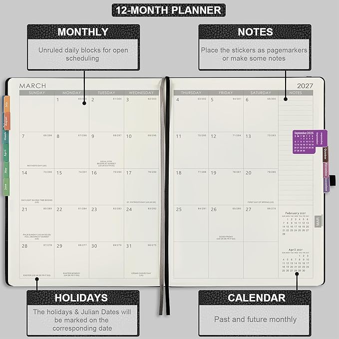 Planner 2026-2027 - JUL 2026 - JUN 2027, Planner Weekly and Monthly, Planner 2026-2027, 8.5" x 11", Leather Cover Planners with Thick Paper, Back Pocket with Notes Pages, Black