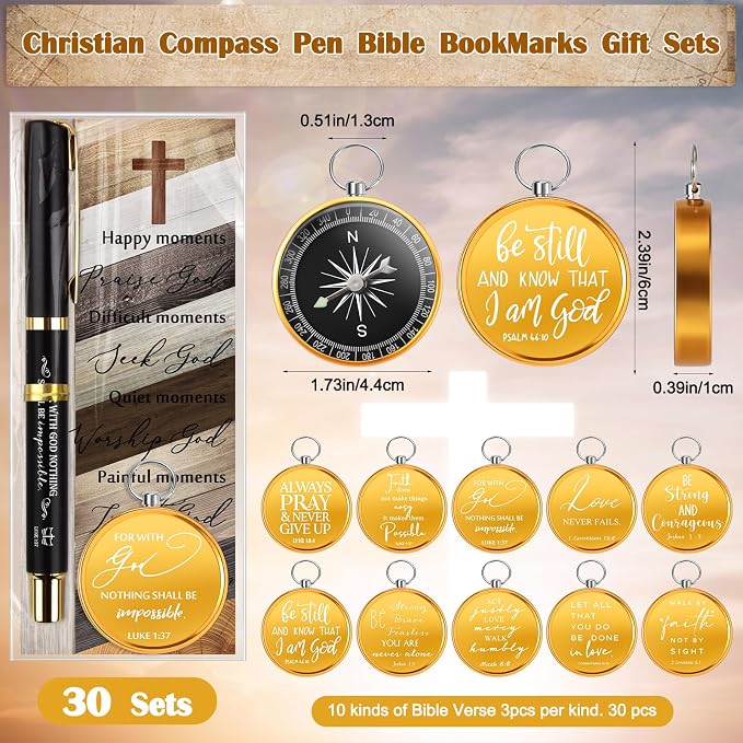 Spakon 30 Sets Father's Day Christian Gifts for Men Bible Verse Compass Pen Religious Bookmark Inspirational Church Gifts for Pastor Appreciation Day Grandpa Men Christmas (Classic)