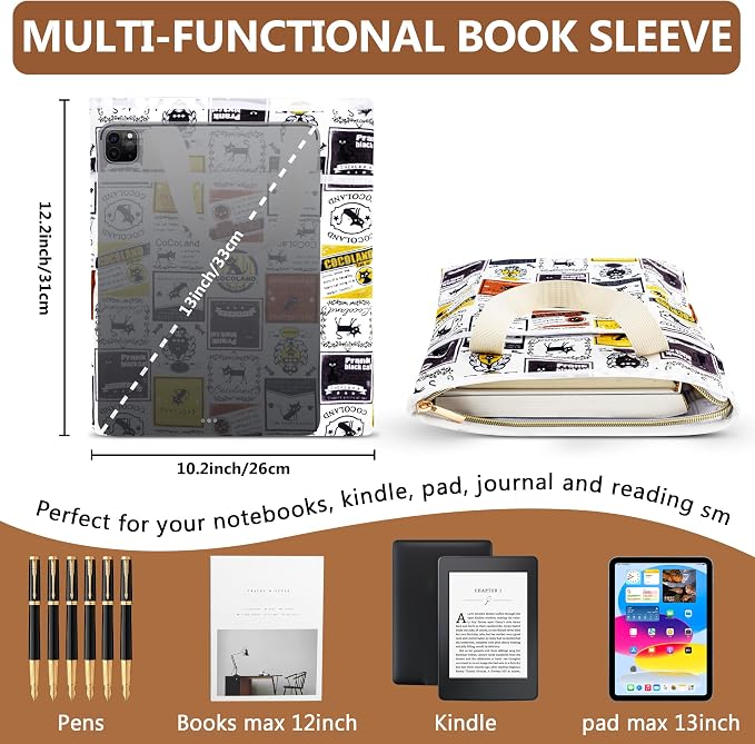 Likesing Book Sleeve for Book Lovers, 12.6" x10.6" Book Cover for Hardcover Paperbacks Bible Textbook Comic Kind1e Journal, Book Pouch with Zipper Gifts for Readers Book Lovers Women(Retro Cat)