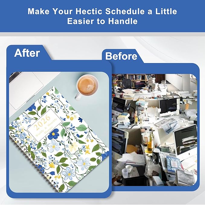 2026 Planner - Jan. 2026 - Dec. 2026, A5 (6.3" x 8.4") Planner Weekly and Monthly, Calendar Planner 2026 with 12 Monthly Tabs, Inner Pocket (White Flowers)