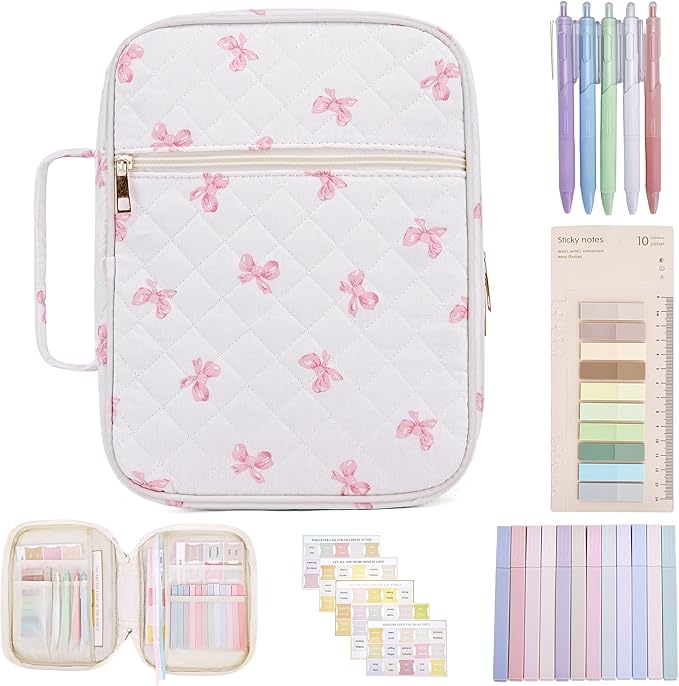 Large Bible Cover for Women, Durable Quilted Tote Bag with Handles, Bible Carry Case for Girls, Bible Study Supplies Accessories (Pink)