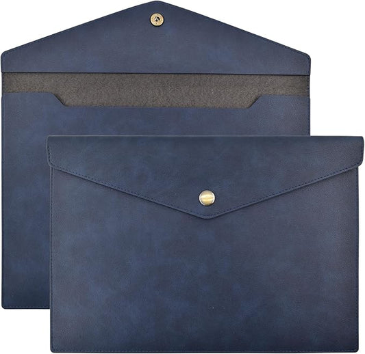 VANRA 1 Piece PU Leather File Folders A4 Document Holder File Envelope Waterproof Portfolio Filing File Organizer for Letter Size with Snap Button Closure (Navy Blue)