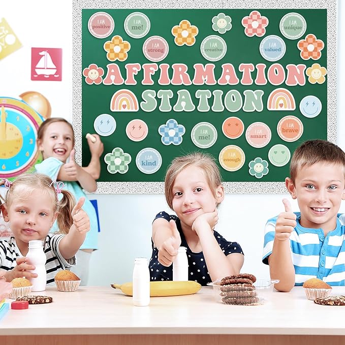 Classroom Bulletin Board Decoration - 120pcs Boho Affirmation Station Motivational Cutout Borders Decor Set, Back to School Chalkboard Library Wall Accents Ideas Kits for Welcome Party Supplies