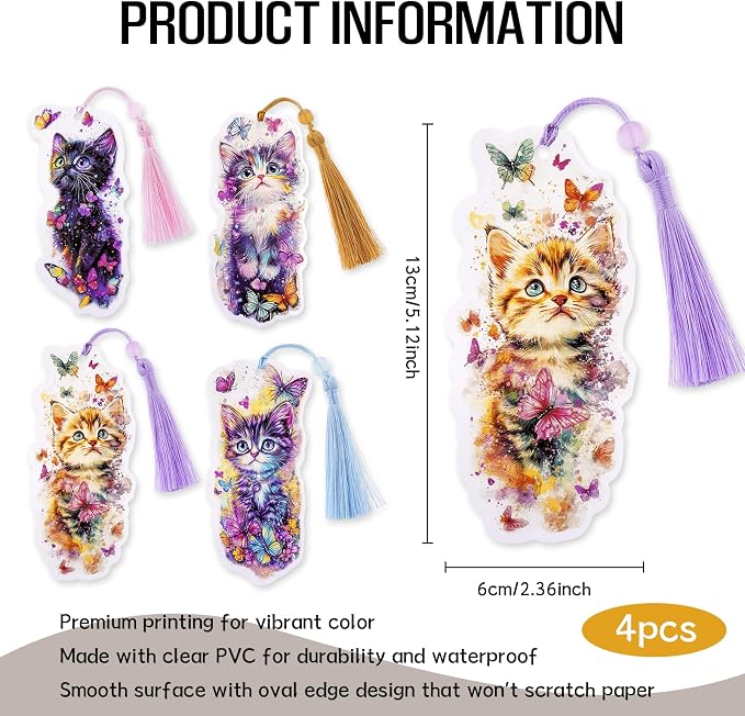 Cute Cat Bookmarks Gifts - 4 Pcs Cartoon Cats Butterflies Bookmark with Tassels Stained Glass Book Marks Gift Office Home Supplies for Women Kids Reading Lovers Writers Teacher Students Reader