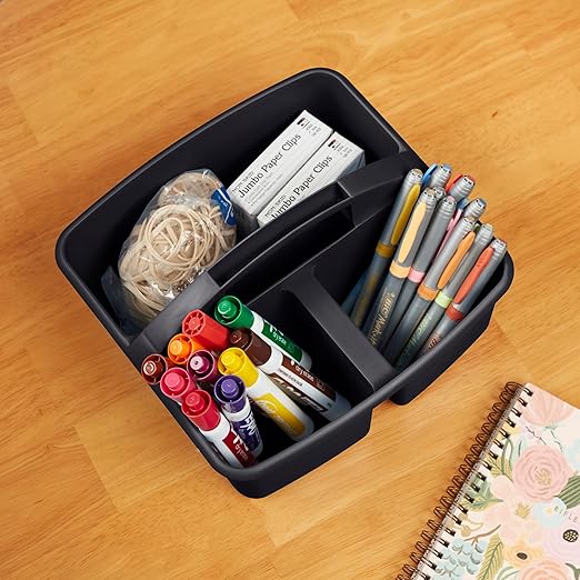 ECR4Kids 3-Compartment Small Plastic Caddy, Multipurpose Organization, Black, 6-Pack
