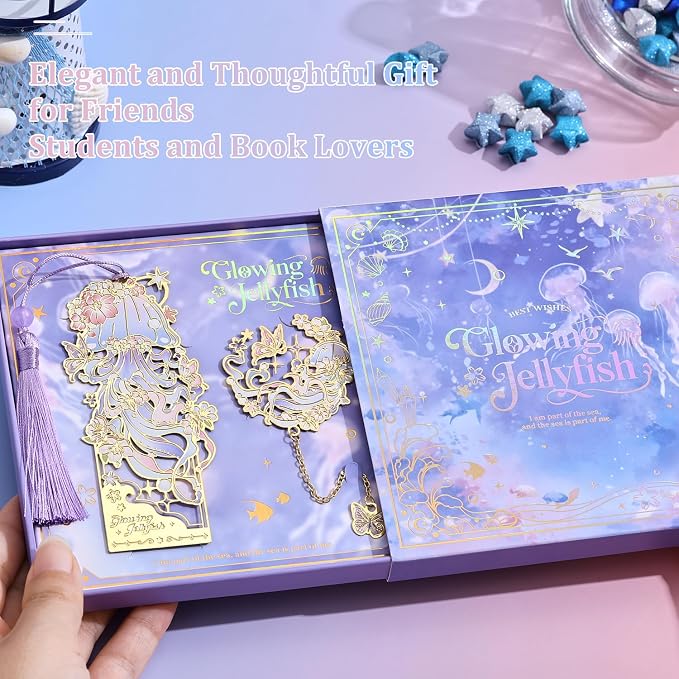 2 Pcs Metal Bookmark Gift Box, Golden Hollow Bookmarks Ocean Painting Theme Book Mark for Women, Book Lovers Writers Readers and Teens, Perfect for Birthday and Graduation Gifts(Purple)