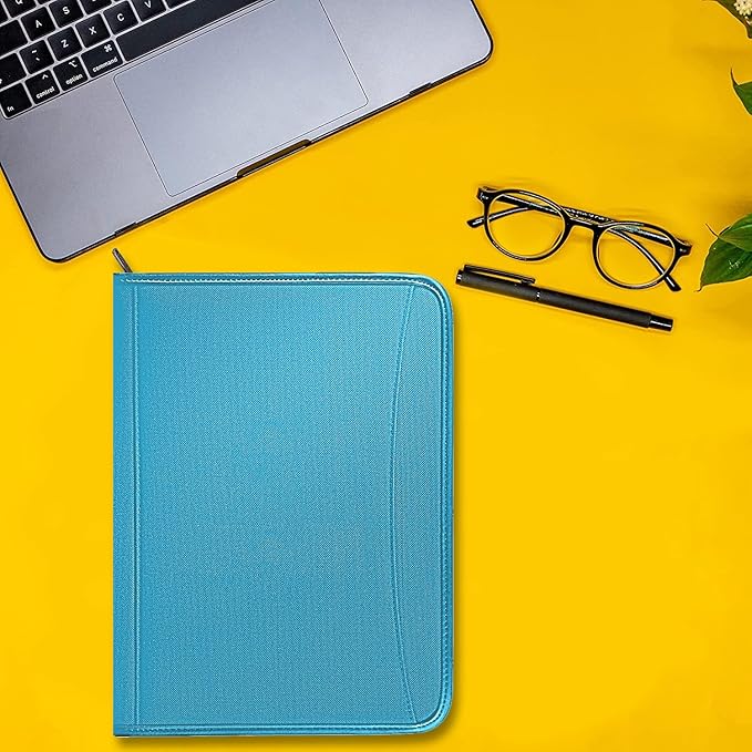 Zippered Portfolio Organizer/ A4 Refillable Lined Writing Notepad Folder Case/Fabric-Covered Padfolio Binder with Interior Storage Pocket for Men Women.Blue