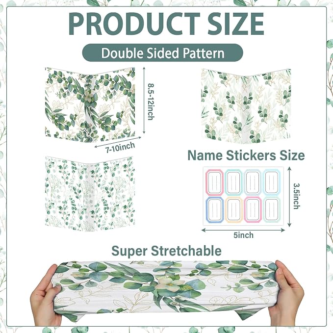 Jumbo Book Covers 7 Pack Reusable Fabric Book Cover Protective Books Covers 9 x 11 Inch Eucalyptus Stretchable Books Sleeve Cover with Label Sticker for Most Hardcover Textbooks Up to 10 x 12.5 Inch
