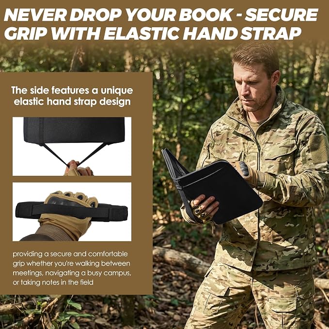 Tactical Notebook Cover, A5 Padfolio 6 Ring Binder with Big Back Pocket & Hand Strap, Zippered Hardcase Planner for Journal, College, Office, Field (Black, A5(7.3 x 10 inches))
