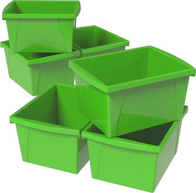 Storex 4 Gallon Storage Bin – Plastic Classroom Organizer for Books and Supplies, Green, 6-Pack (61480C06C)