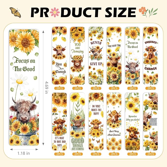 AFRITEE UV DTF Bookmark Wraps - 24 Sheets Cute Highland Cow Blank Bookmark UV DTF Stickers, Sunflower Flower Double-Sided Waterproof Transfer Sticker Decals Decoration Gift for Book Lovers