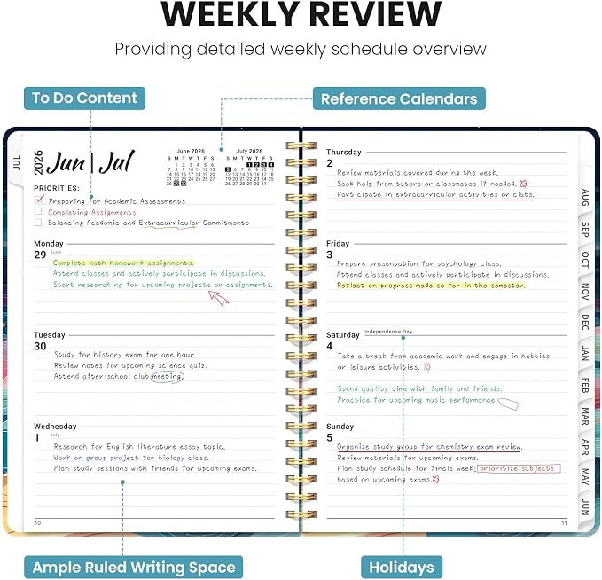 Planner 2026-2027, Monthly and Weekly Calendar Academic Planner July 2026 - June 2027, Hardcover Student Teacher Planning Agenda Book with Tabs, Perfect for Office School Supplies, A5 (6.3" x 8.5") - Waves Horses