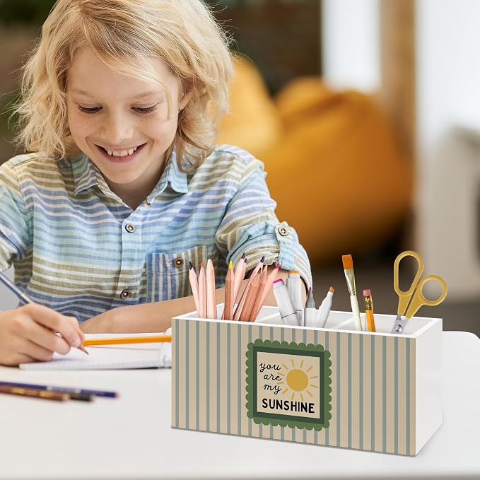Boho Classroom Pen Holder, You Are My Sunshine Office Pen Pencil Holder Organizer for Desk Accessories, Retro Striped Wooden Box Desk Decor for Kids Nursery Room Office Desk Decorations