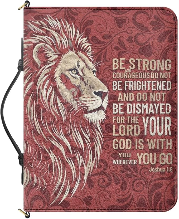 Large Bible Covers for Women, Red Bible Case with Strap and Handle, Lion Print Joshua 1:9 Faux Leather Biblia Protecto with Inner Pockets and Pen Loop, Christian Gifts for Men