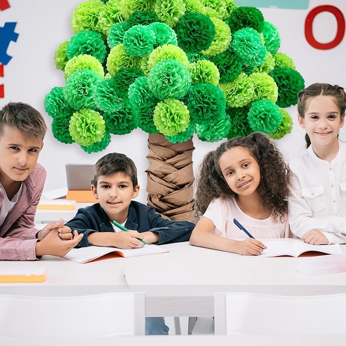 Mooliwe Classroom Tree Bulletin Board Set DIY 3D Cardboard Tree with Paper Pom Poms Kraft Craft Bulletin Board Wall 3D Decorations for School Elementary Teacher Chalkboard (Green,8, 10, 12 Inch)
