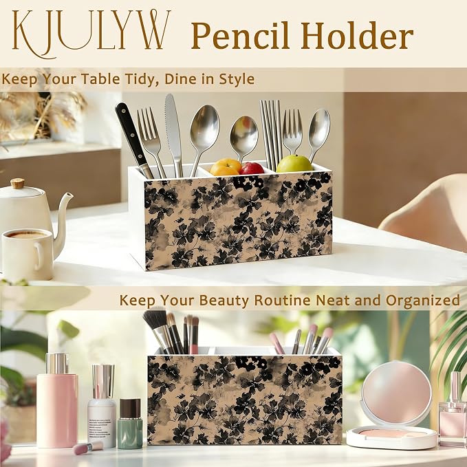 Vintage Black Floral Pen Holder for Desk, Retro Neutral Botanical Ink Flower Wooden Box Pencil Pen Holder Organizer for Home Office Desk Accessories