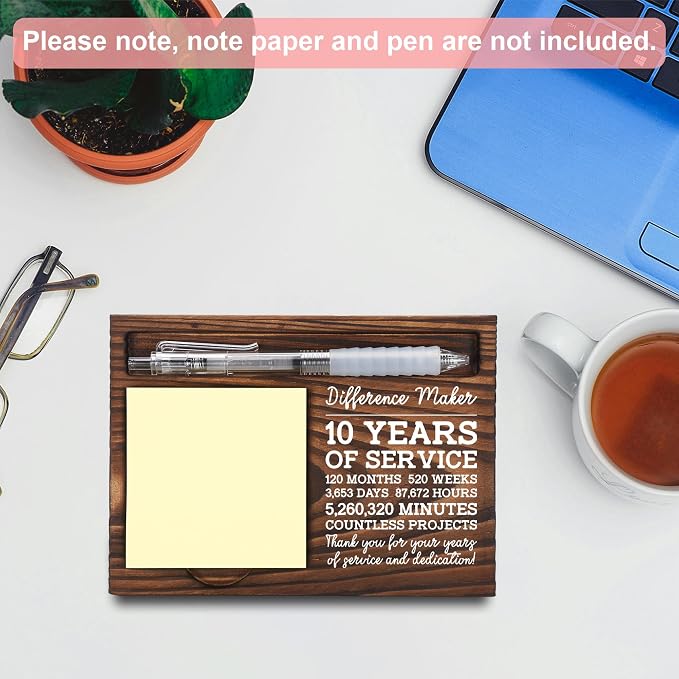 10th Work Anniversary Appreciation Gifts, 10 Year Work Anniversary Thank You Gifts, Sticky Note Holder, Post-it Note Dispenser for Desk, Wooden Post-it Note & Pen Holder 6.5" x 4.7" - FTA113