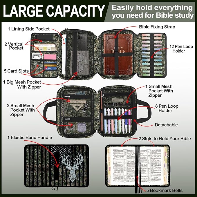 Camo Bible Case Covers, Large Bible Tote Bag Book Cover Study Supplies with Shoulder Strap Handle Zippered Pocket for Men Women (American Flag Deer)