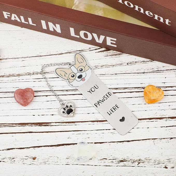 Gosknor Corgi Dog Bookmark, Cute Metal Corgi Bookmark for Women & Men, You Pawsed Here, Stainless Steel, Silver & Black, Style 1