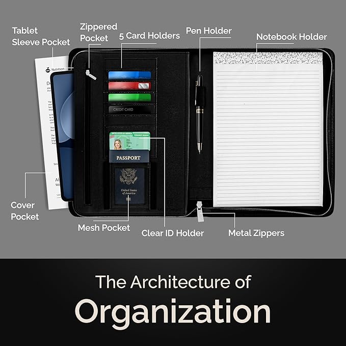 Customized Leather Portfolio Padfolio - Name/Logo Printed on Black Personalized Faux Leather Business Portfolio Binder & Organizer Folder with 10.5 Inch Tablet Sleeve