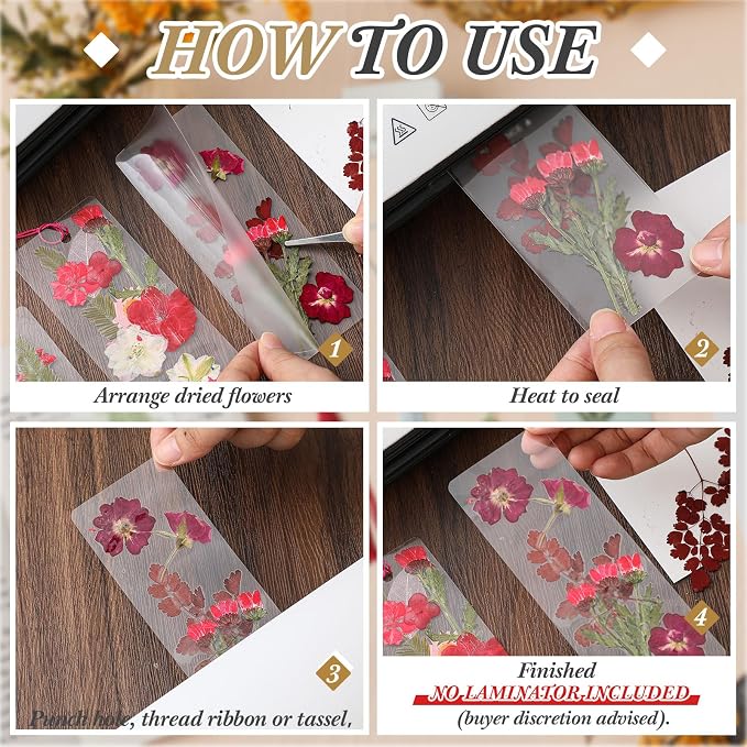 Fuyoooo 376 Pcs Dried Flower Bookmark Making Kit, DIY Bookmark Laminating Pouches with Tassels and Puncher, Handmade Craft Kit for Women, DIY Gifts for Book Lovers (Red,2 x 6 Inch)