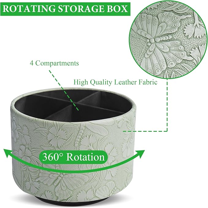 Round Leather Art Supply Organizer,Remote Control Holder,360-degree Rotating Pen Organizer with 4 Compartments(1-Butterfly Green2)