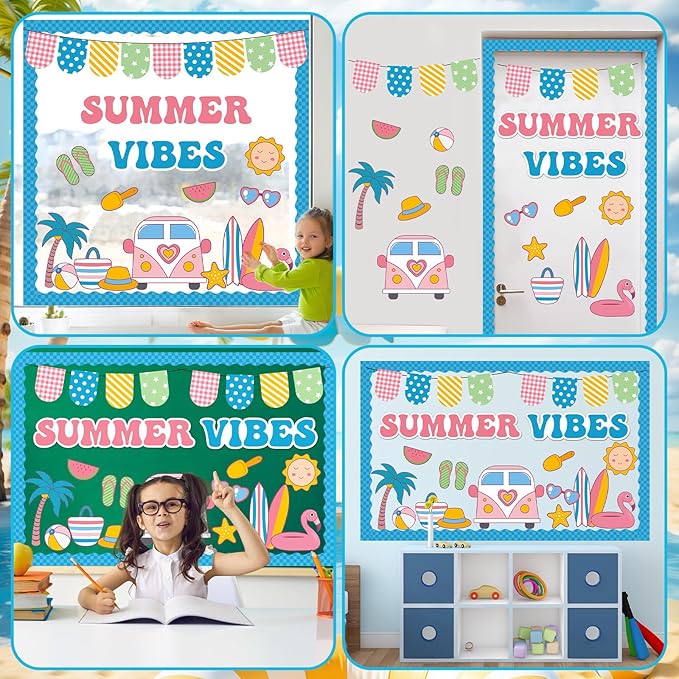 QOUBAI Hello Summer Bulletin Board Set Beach Theme Classroom Bulletin Board Decorations Surfing Tropical Palm Cutouts for Back to School Bus Teacher Supplies Nursery Home Chalkboard Wall Door Decor