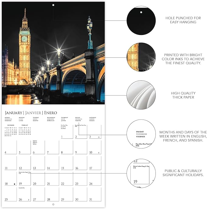 Graphique 2026 London Glitz Mini Wall Calendar | 7” x 7” | Thick Paper | Home & Office Organizer | Large Monthly Grid | 3 Languages & Marked Holidays | 4 Month Preview Page for 2027