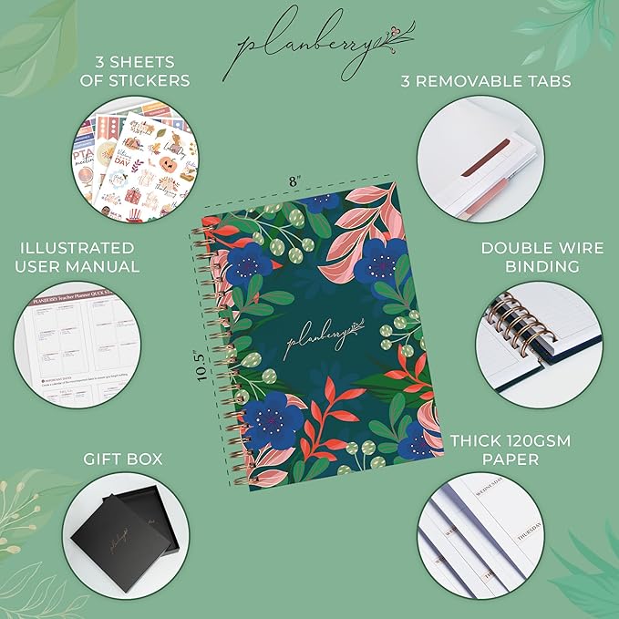 PLANBERRY Teacher Planner – Undated School Year Plan Book for Teachers with Calendars & Lesson Plans – Planner for Classroom Organization & Homeschool – 8”x10.5” Hardcover (Vivid Flora)