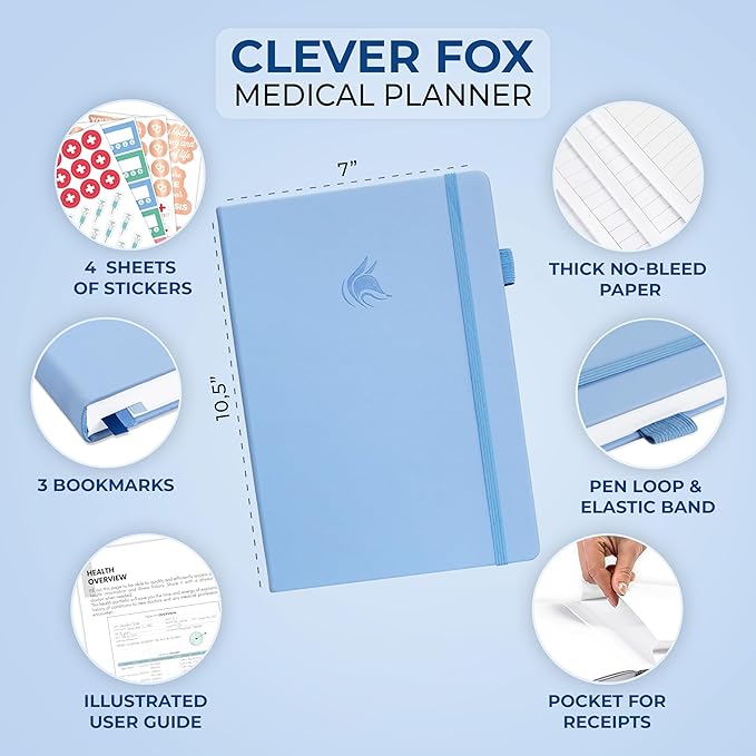 Clever Fox Large Medical Planner 12-Month – Medical Notebook, Health Diary, Wellness Journal to Track Health – 12 Months, 7x10.5″ (Light Blue)