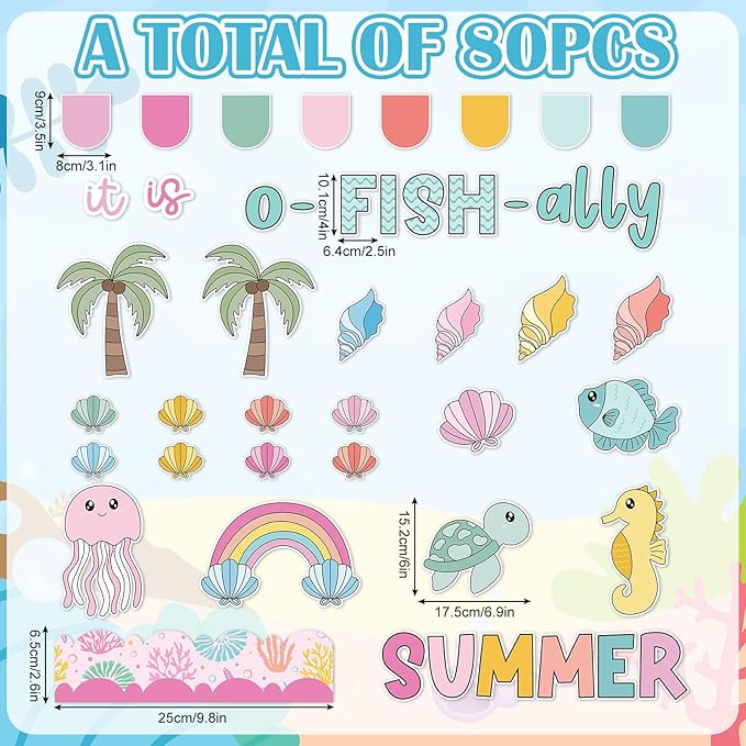 AnyDesign 80 Pcs Summer Ocean Sea Bulletin Board Decoration Cartoon Marine Animal Fish Paper Cutouts with 150 Pcs Glue Points for Tropical Party Classroom Wall Decor