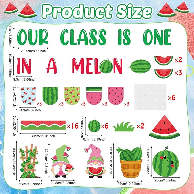 gisgfim Summer Watermelon Bulletin Board Decorations Set Our Class is One in a Melon Classroom Paper Cutouts Welcome Back to School Melon Gnome Bulletin Board Decor for Summer Door Chalkboard Wall