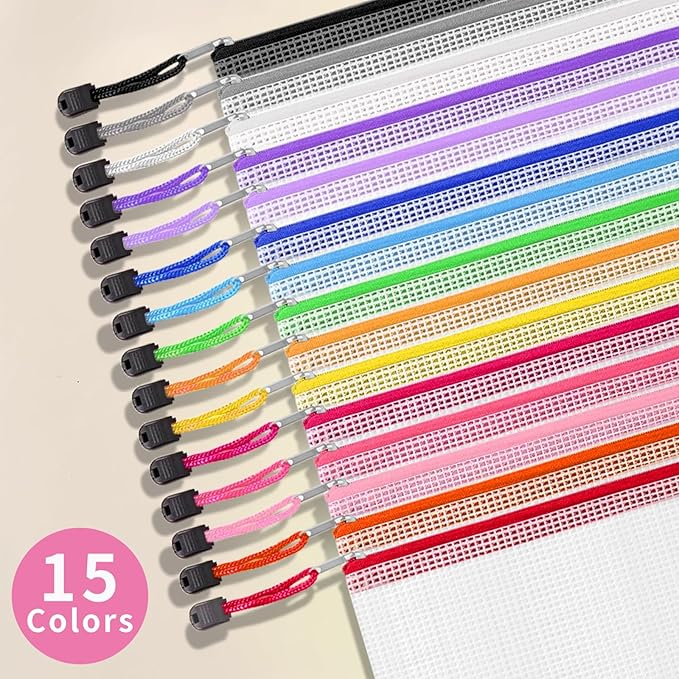 EVERECO 15 Pack A3 Mesh Zipper Pouch Bags (16.7x12 in) - Large Plastic Zipper Pouches for Organizing, Board Game Storage & Puzzle Storage, Toy Organizer Bags, Travel Bag Organizer