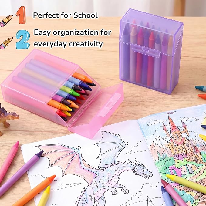 Clabby 2 Pcs Plastic Crayon Organizer Case for 24 Count Crayons Kids Art Supply Storage Box with Lid, Portable Holder for Classroom Home Travel, Fits Standard 24-Pack Crayon (Purple,Pink)