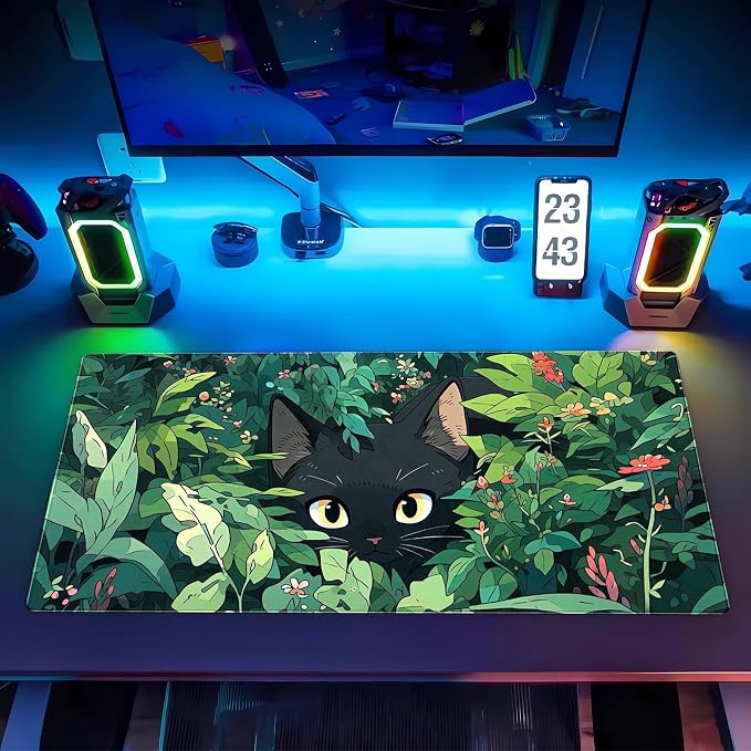 Black Cat Mouse Pad Green XL 31.5 x 15.7 in | Cute Gaming Mousepad, Kawaii Computer Mat, Full Desk Mouse and Keyboard Pad, Stitched Edge, Anti-Slip Washable