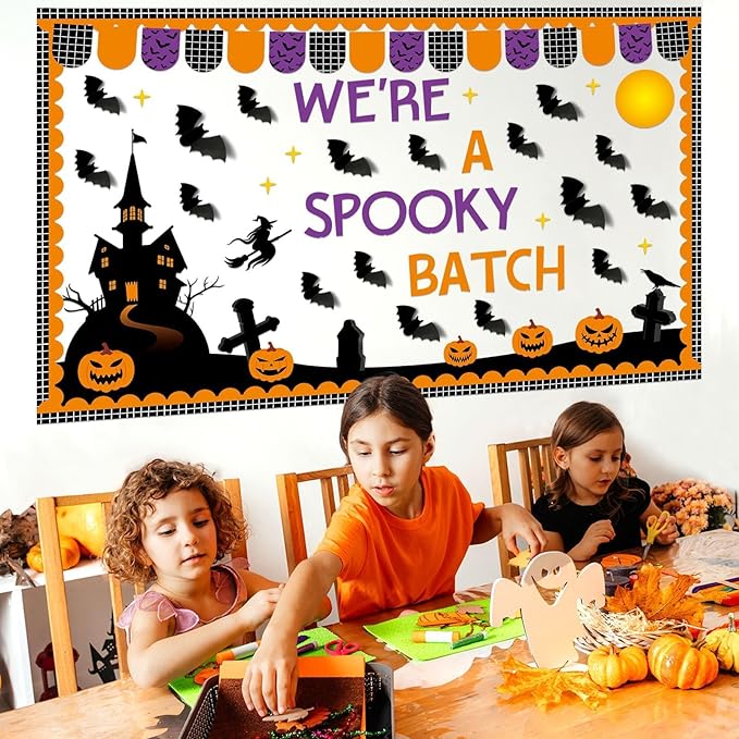 Halloween Bulletin Board Set 3D Halloween Bat Classroom Bulletin Board Pumpkin Castle Witches Paper Cutout Spooky Scary Decoration for Kid Holiday Home School Classroom Wall Chalkboard Decor