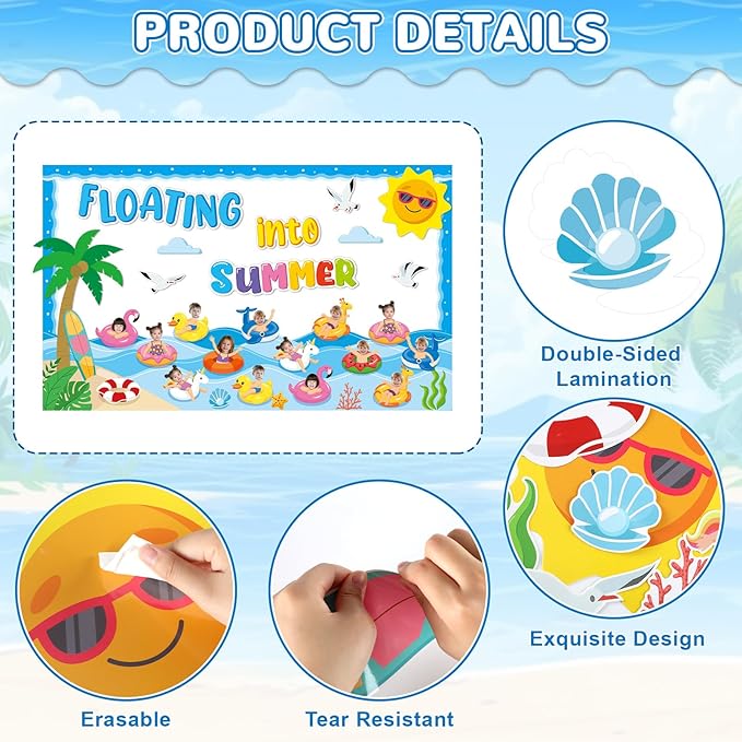 Summer Bulletin Board Classroom Decorations Floating into Summer Paper Cutouts Swim Ring DIY Photo Craft Set Hawaiian Theme Tropical Bulletin Board Borders for Back to School Office Teacher Supplies