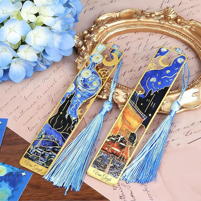 Kinsound Metal Bookmarks with Tassel, Golden Van Gogh Monet Oil Painting Theme Cute Hollow Book Markers for Reading Women, Teachers, Students, Reading Accessories Gifts for Book Lovers (Style A(6PCS))